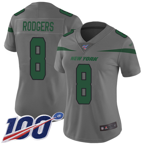 Jets #8 Aaron Rodgers Gray Women's Stitched Limited Inverted Legend 100th Season Jersey