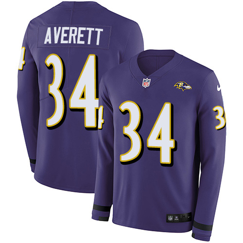 Baltimore Ravens #34 Anthony Averett Purple Team Color Men's Stitched Limited Therma Long Sleeve Jersey Men's