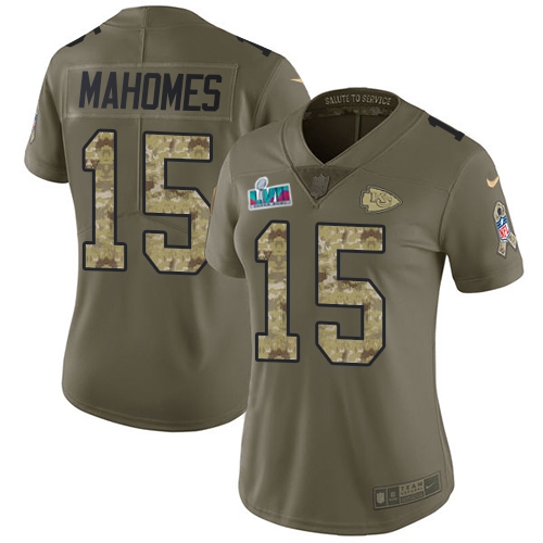 Chiefs #15 Patrick Mahomes Olive/Camo Super Bowl LVII Patch Women's Stitched Limited 2017 Salute To Service Jersey