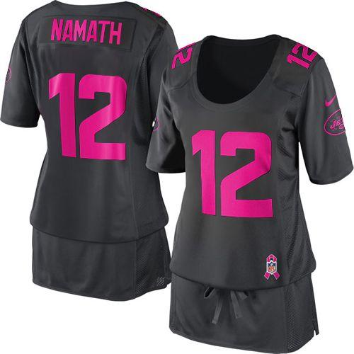 Jets #12 Joe Namath Dark Grey Women's Breast Cancer Awareness Stitched Elite Jersey