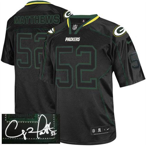 Green Bay Packers #52 Clay Matthews Lights Out Black Men's Stitched Elite Autographed Jersey Men's