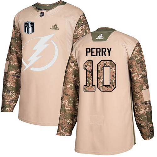 Adidas Tampa Bay Lightning #10 Corey Perry Camo Authentic 2022 Stanley Cup Final Patch Veterans Day Stitched Youth Jersey Youth