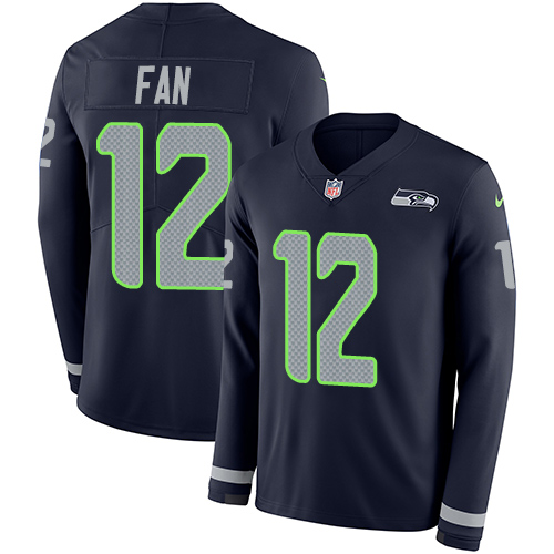 Seahawks #12 Fan Steel Blue Team Color Youth Stitched Limited Therma Long Sleeve Jersey