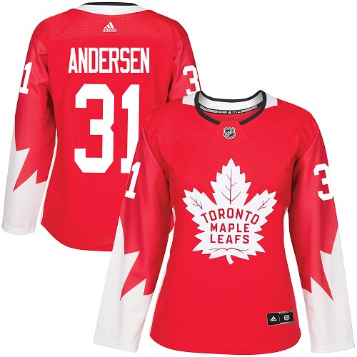 Adidas Maple Toronto Maple Leafs #31 Frederik Andersen Red Team Canada Authentic Women's Stitched Jersey Womens