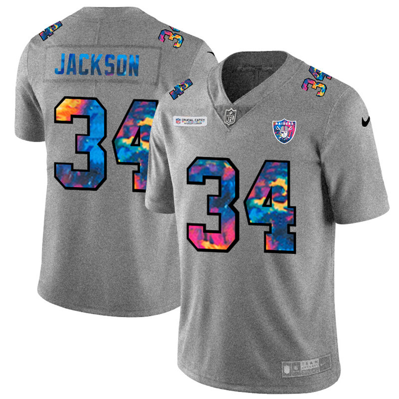 Las Vegas Raiders #34 Bo Jackson Men's Multi-Color 2020 Crucial Catch Jersey Greyheather