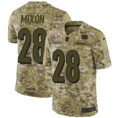 Bengals #28 Joe Mixon Camo Super Bowl LVI Patch Youth Stitched Limited 2018 Salute To Service Jersey