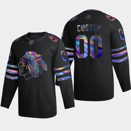 Chicago Blackhawks Custom Men's Iridescent Holographic Collection Jersey - Black