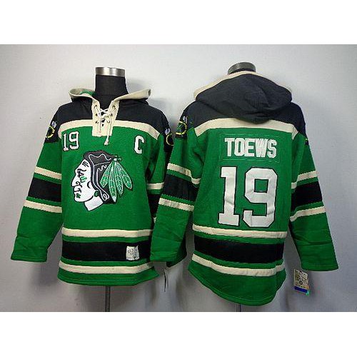 Chicago Blackhawks #19 Jonathan Toews Green St. Patrick's Day McNary Lace Hoodie Stitched Jersey Men's