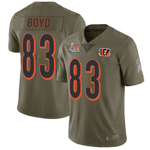 Bengals #83 Tyler Boyd Olive Super Bowl LVI Patch Youth Stitched Limited 2017 Salute To Service Jersey