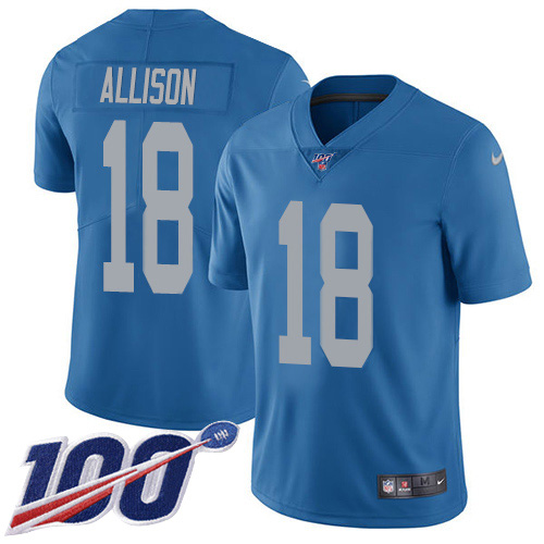 Detroit Lions #18 Geronimo Allison Blue Throwback Men's Stitched 100th Season Vapor Untouchable Limited Jersey Men's