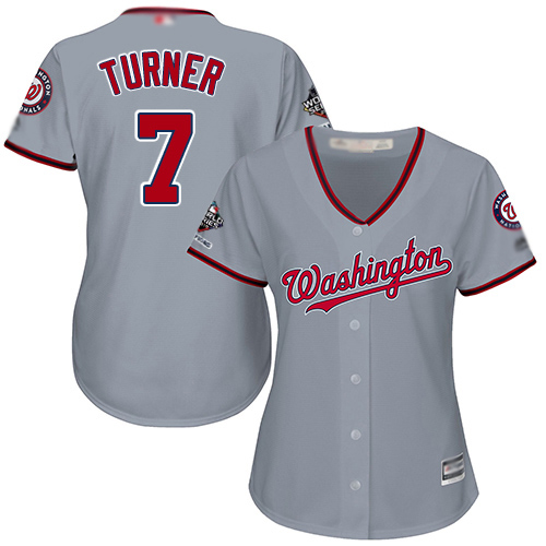 Washington Nationals #7 Trea Turner Grey Road 2019 World Series Champions Women's Stitched Jersey Womens