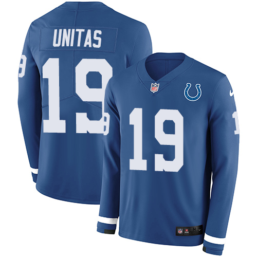 Indianapolis Colts #19 Johnny Unitas Royal Blue Team Color Men's Stitched Limited Therma Long Sleeve Jersey Men's