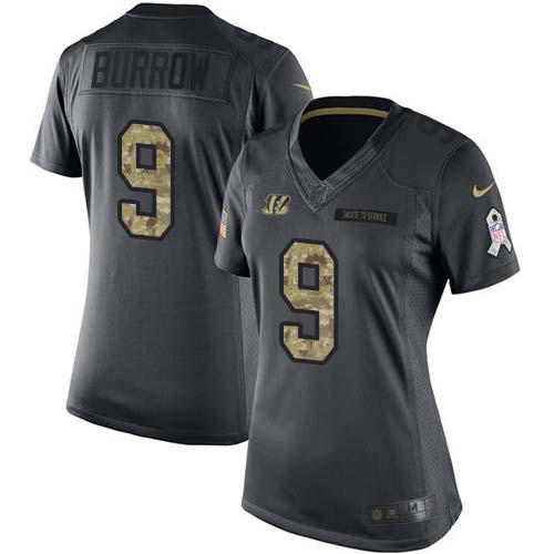 Bengals #9 Joe Burrow Black Women's Stitched Limited 2016 Salute To Service Jersey