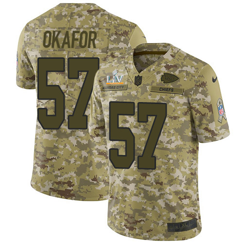 Kansas City Chiefs #57 Alex Okafor Camo Youth Super Bowl LV Bound Stitched Limited 2018 Salute To Service Jersey Youth