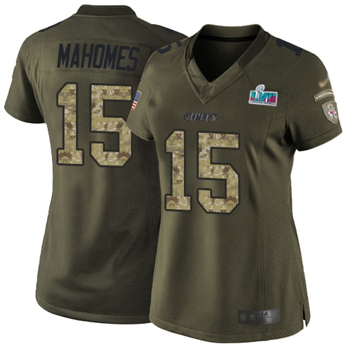 Chiefs #15 Patrick Mahomes Green Super Bowl LVII Patch Women's Stitched Limited 2015 Salute To Service Jersey