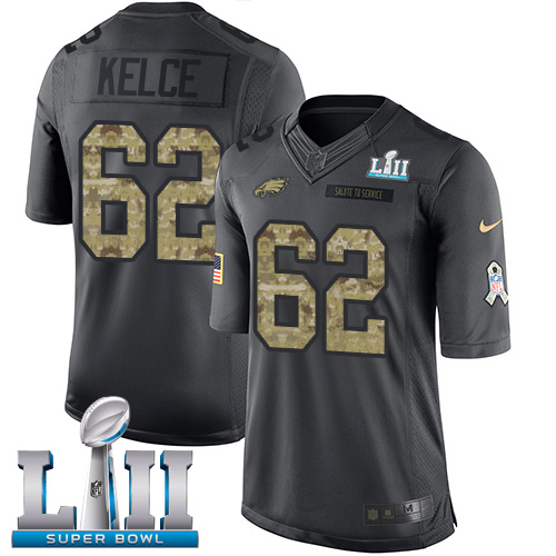 Eagles #62 Jason Kelce Black Super Bowl LII Youth Stitched Limited 2016 Salute To Service Jersey