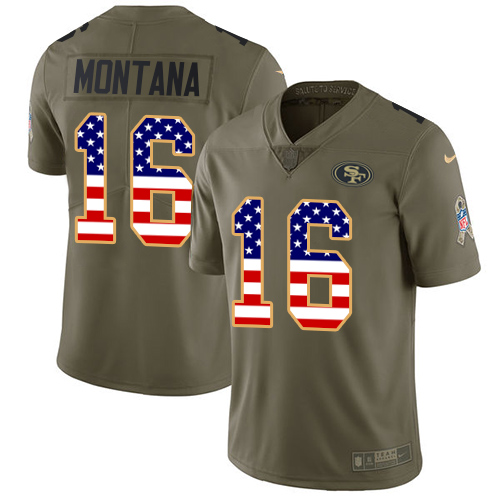 49ers #16 Joe Montana Olive/USA Flag Men's Stitched Limited 2017 Salute To Service Jersey