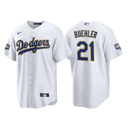 Los Angeles Los Angeles Dodgers #21 Walker Buehler Men's 2021 Gold Program World Series Champions Jersey Whtie Men's