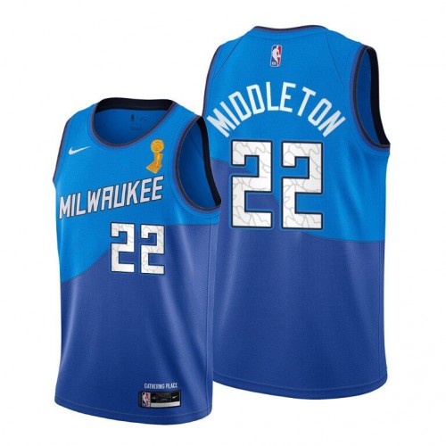 Milwaukee Bucks #22 Khris Middleton 2021 Finals Champions City Edition Jersey Blue Mens