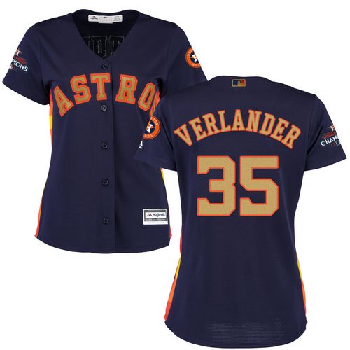 Houston Astros #35 Justin Verlander Navy Blue 2018 Gold Program Cool Base Women's Stitched Jersey Womens