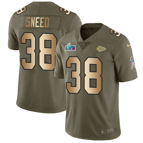 Chiefs #38 L'Jarius Sneed Olive/Gold Super Bowl LVII Patch Men's Stitched Limited 2017 Salute To Service Jersey
