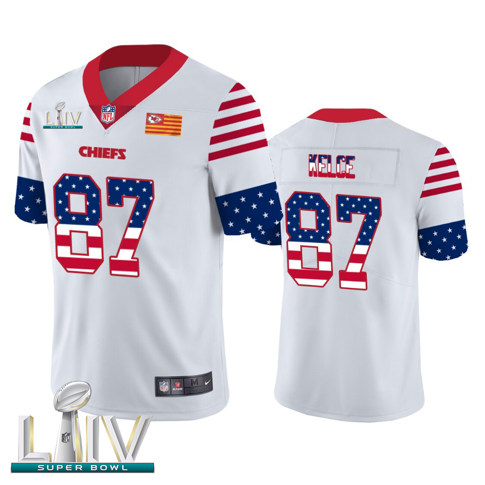 Kansas City Chiefs #87 Travis Kelce White Super Bowl LIV 2020 Men's Team Logo USA Flag Vapor Untouchable Limited Jersey