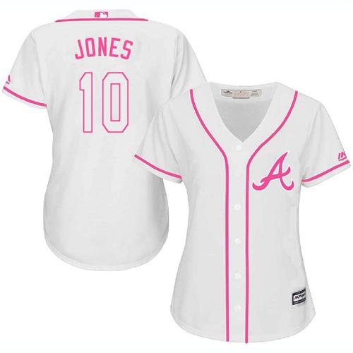 Atlanta Braves #10 Chipper Jones White/Pink Fashion Women's Stitched Jersey Womens