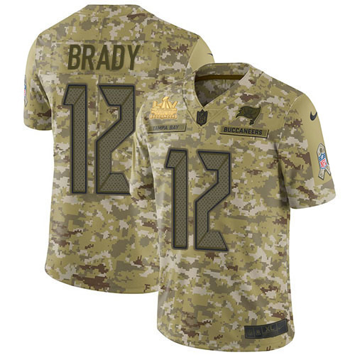 Buccaneers #12 Tom Brady Camo Youth Super Bowl LV Champions Patch Stitched Limited 2018 Salute To Service Jersey