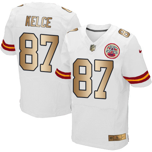 Chiefs #87 Travis Kelce White Men's Stitched Elite Gold Jersey
