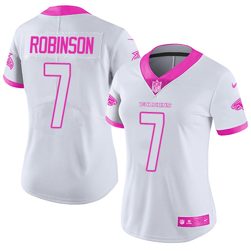 Falcons #7 Bijan Robinson White/Pink Women's Stitched Limited Rush Fashion Jersey