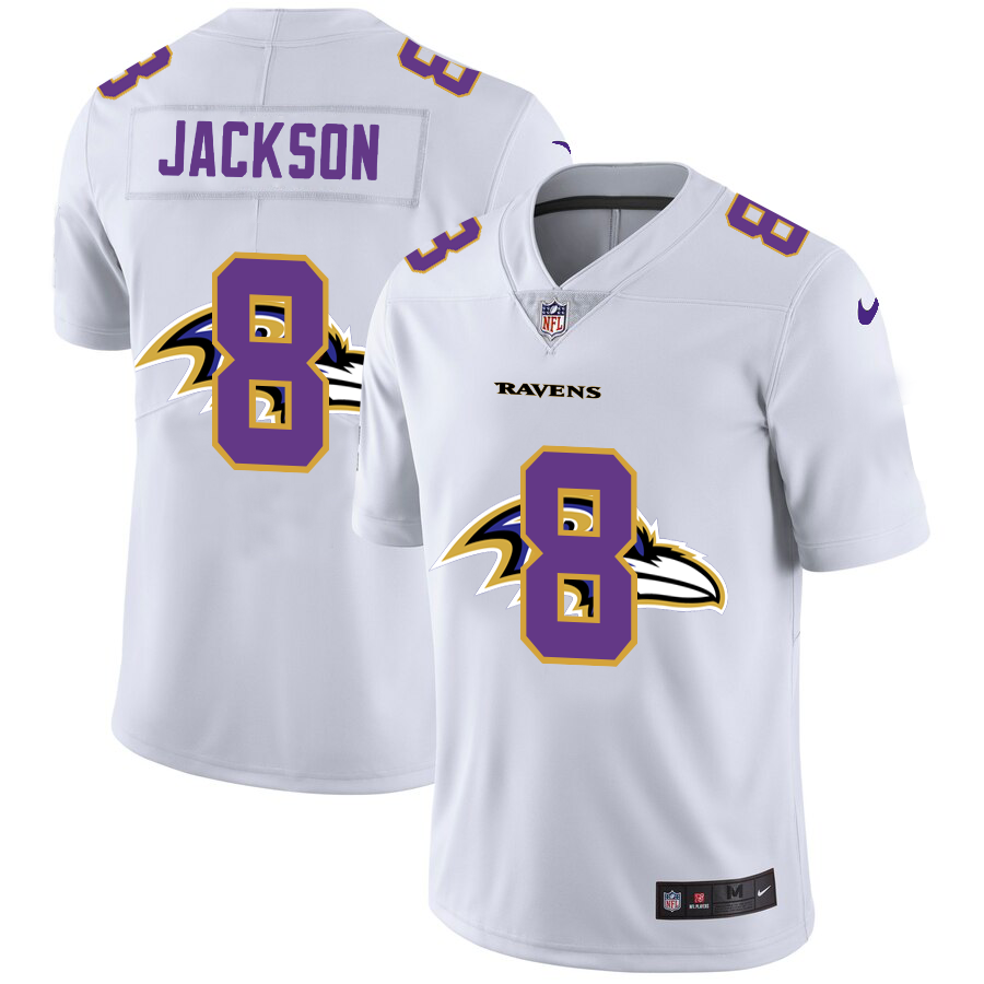 Baltimore Ravens #8 Lamar Jackson White Men's Team Logo Dual Overlap Limited Jersey