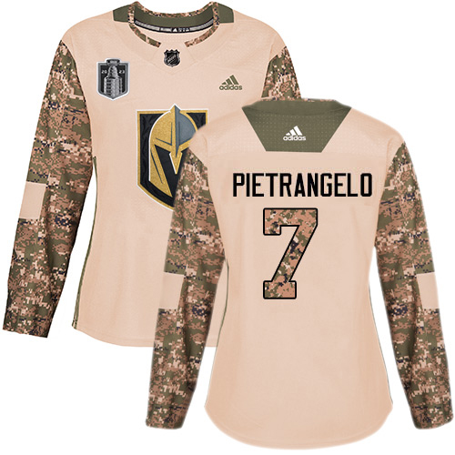 Adidas Golden Knights #7 Alex Pietrangelo Camo Authentic 2023 Stanley Cup Final Patch Veterans Day Women's Stitched Jersey