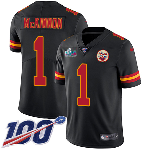 Chiefs #1 Jerick McKinnon Black Super Bowl LVII Patch Men's Stitched Limited Rush 100th Season Jersey
