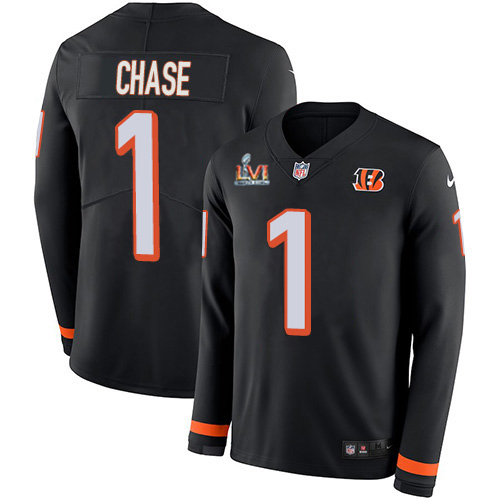 Bengals #1 Ja'Marr Chase Black Team Color Super Bowl LVI Patch Men's Stitched Limited Therma Long Sleeve Jersey