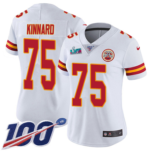 Chiefs #75 Darian Kinnard White Super Bowl LVII Patch Women's Stitched 100th Season Vapor Limited Jersey