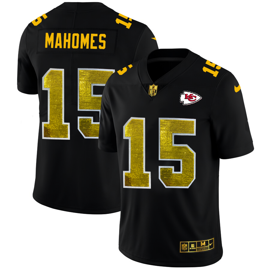 Kansas City Chiefs #15 Patrick Mahomes Men's Black Golden Sequin Vapor Limited Jersey