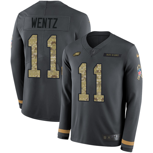 Philadelphia Eagles #11 Carson Wentz Anthracite Salute to Service Men's Stitched Limited Therma Long Sleeve Jersey Men's