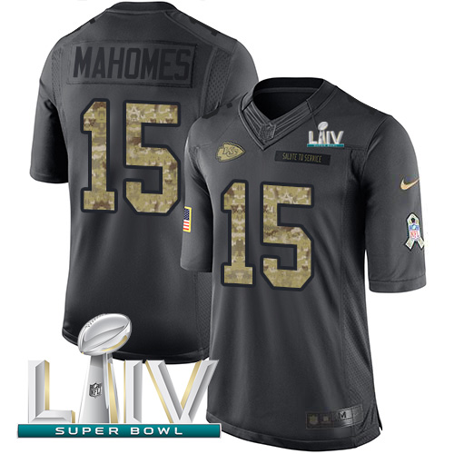 Chiefs #15 Patrick Mahomes Black Super Bowl LIV 2020 Youth Stitched Limited 2016 Salute To Service Jersey