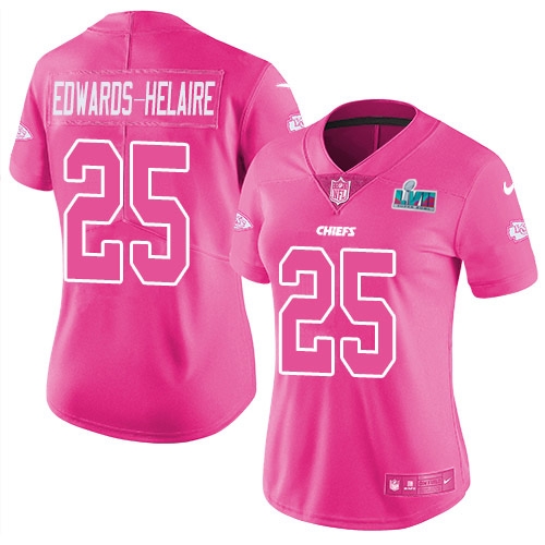 Chiefs #25 Clyde Edwards-Helaire Pink Super Bowl LVII Patch Women's Stitched Limited Rush Fashion Jersey