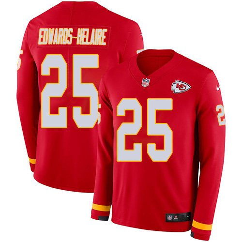 Chiefs #25 Clyde Edwards-Helaire Red Team Color Youth Stitched Limited Therma Long Sleeve Jersey