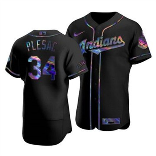 Cleveland Guardians #34 Zach Plesac Men's Iridescent Holographic Collection Jersey - Black Men's