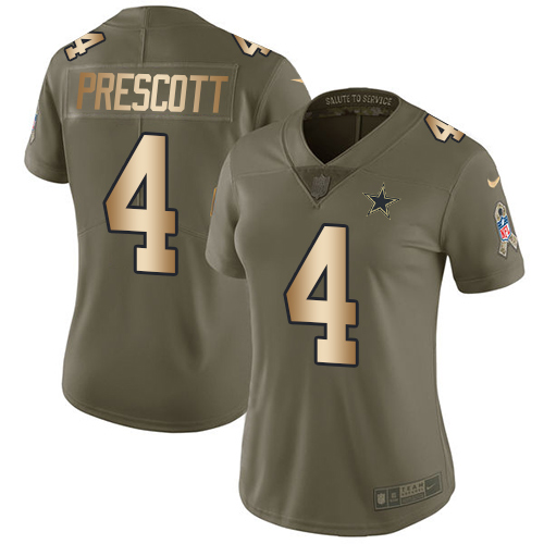 Cowboys #4 Dak Prescott Olive/Gold Women's Stitched Limited 2017 Salute To Service Jersey