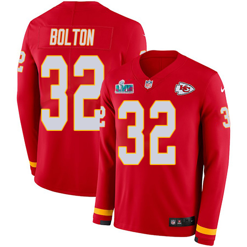 Chiefs #32 Nick Bolton Red Team Color Super Bowl LVII Patch Youth Stitched Limited Therma Long Sleeve Jersey