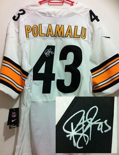 Steelers #43 Troy Polamalu White Men's Stitched Elite Autographed Jersey