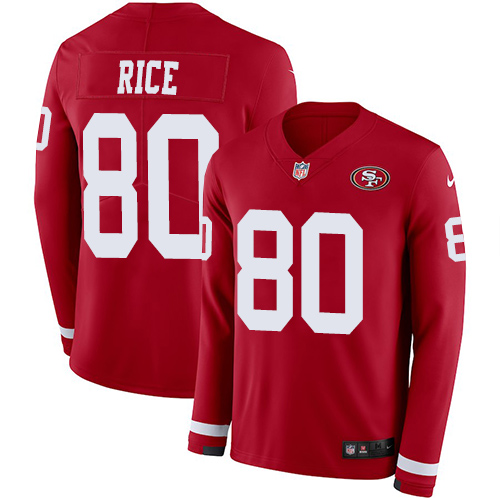 49ers #80 Jerry Rice Red Team Color Men's Stitched Limited Therma Long Sleeve Jersey