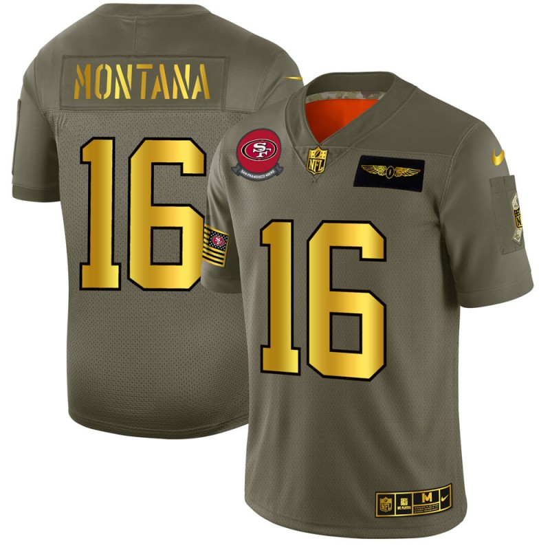 San Francisco 49ers #16 Joe Montana Men's Olive Gold 2019 Salute To Service Limited Jersey