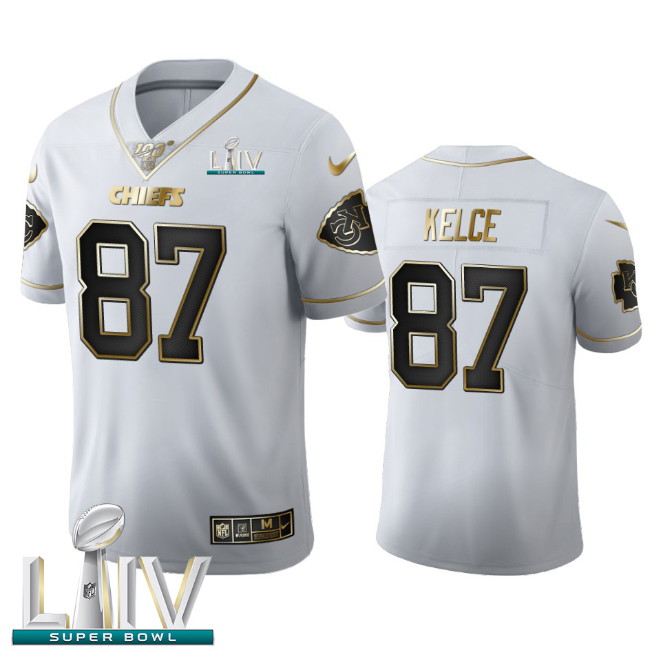 Kansas City Chiefs #87 Travis Kelce Men's White Golden Super Bowl LIV 2020 Edition Vapor Limited 100 Jersey