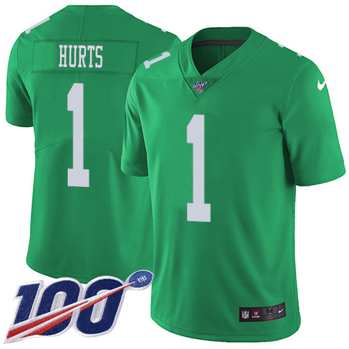 Eagles #1 Jalen Hurts Green Youth Stitched Limited Rush 100th Season Jersey