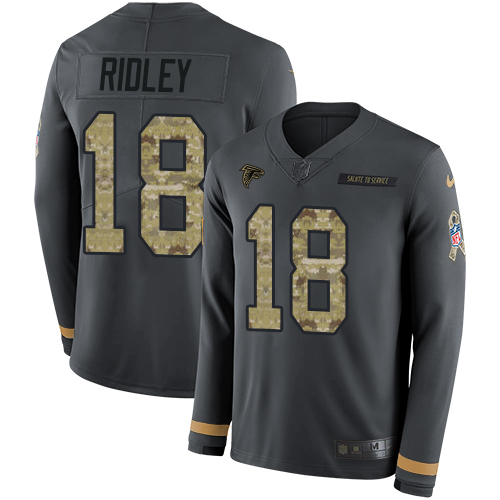 Falcons #18 Calvin Ridley Anthracite Salute To Service Men's Stitched Limited Therma Long Sleeve Jersey