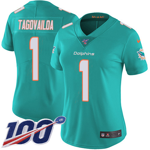 Dolphins #1 Tua Tagovailoa Aqua Green Team Color Women's Stitched 100th Season Vapor Untouchable Limited Jersey